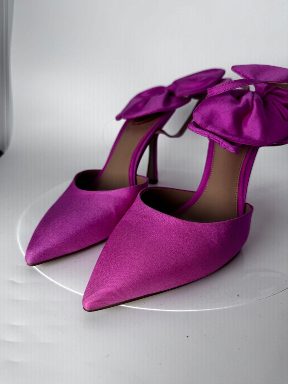Sam Edelman Fuchsia Satin Pointed-Toe Mules with Bow